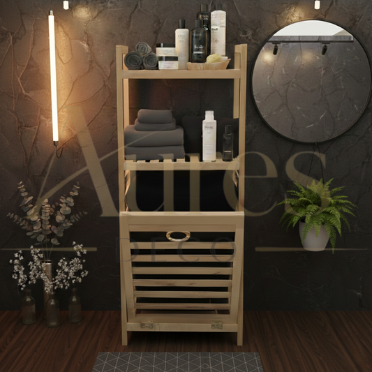 منظم الحمام الخشبي الفاخر مع سلة غسيل مدمجة