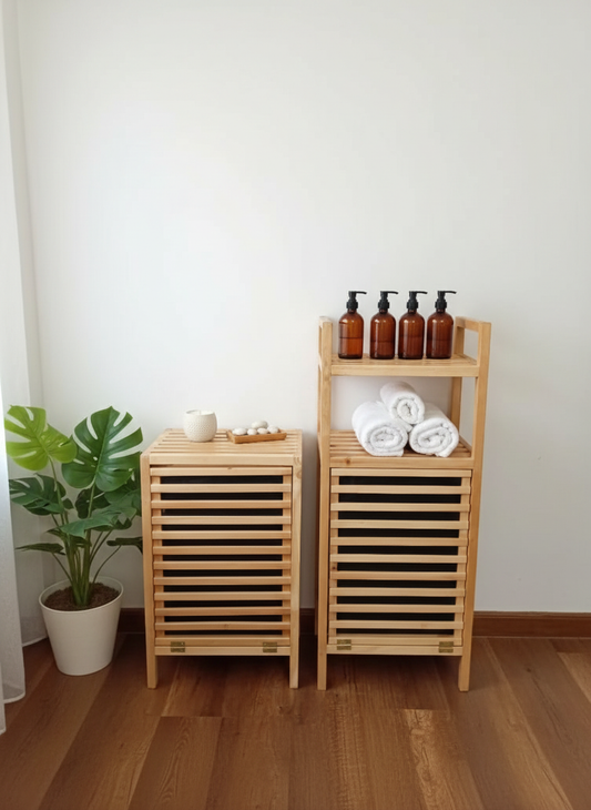 منظم الحمام الخشبي الفاخر مع سلة غسيل مدمجة