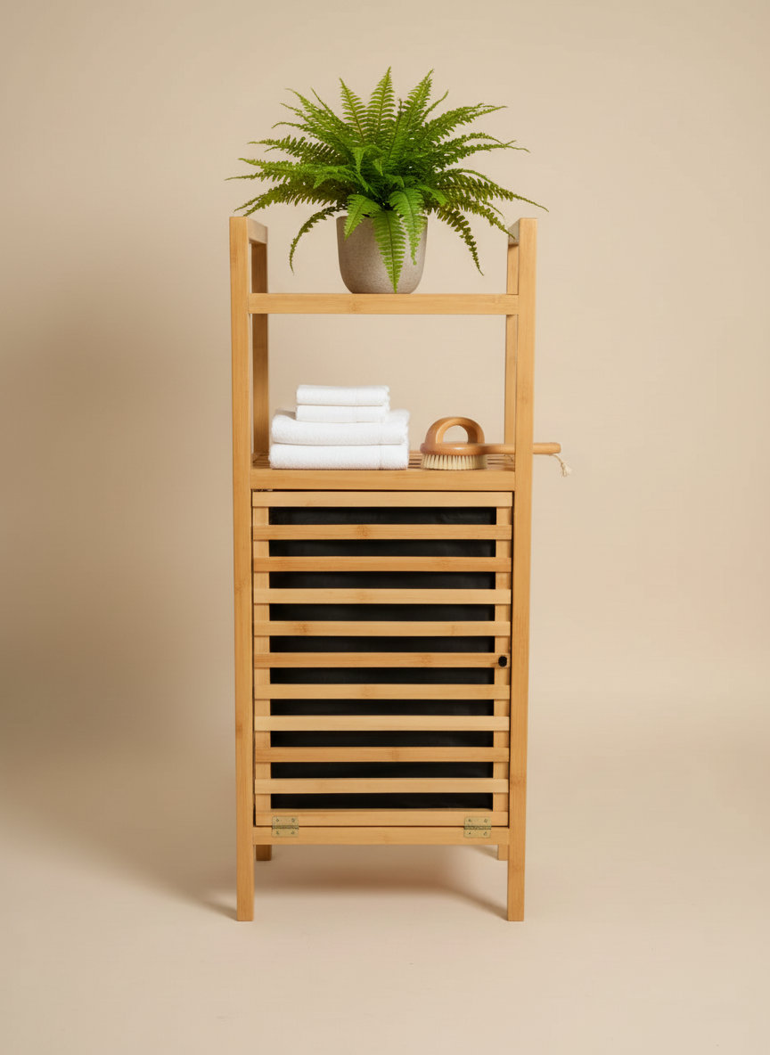 منظم الحمام الخشبي الفاخر مع سلة غسيل مدمجة